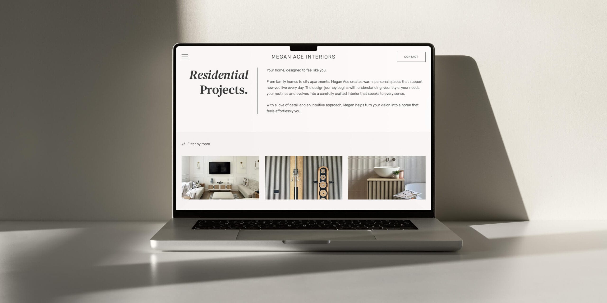 Megan Ace Interiors website displayed on a MacBook, designed by Larch — website design for an interior designer in Worcester